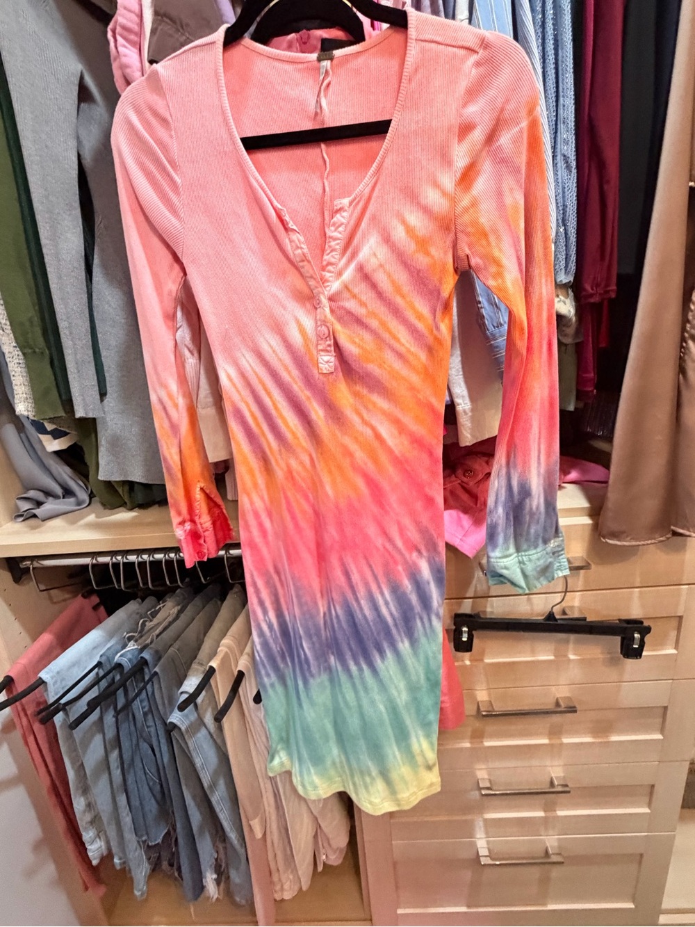 YFB Long Sleeve Tie-Dye V-Neck Dress in Pink Multi